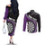 Personalised New Zealand Darts Couples Matching Off The Shoulder Long Sleeve Dress and Long Sleeve Button Shirt Koru Tribal Tattoo and Silver Fern Maori Pattern Purple Color