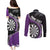 Personalised New Zealand Darts Couples Matching Puletasi and Long Sleeve Button Shirt Koru Tribal Tattoo and Silver Fern Maori Pattern Purple Color