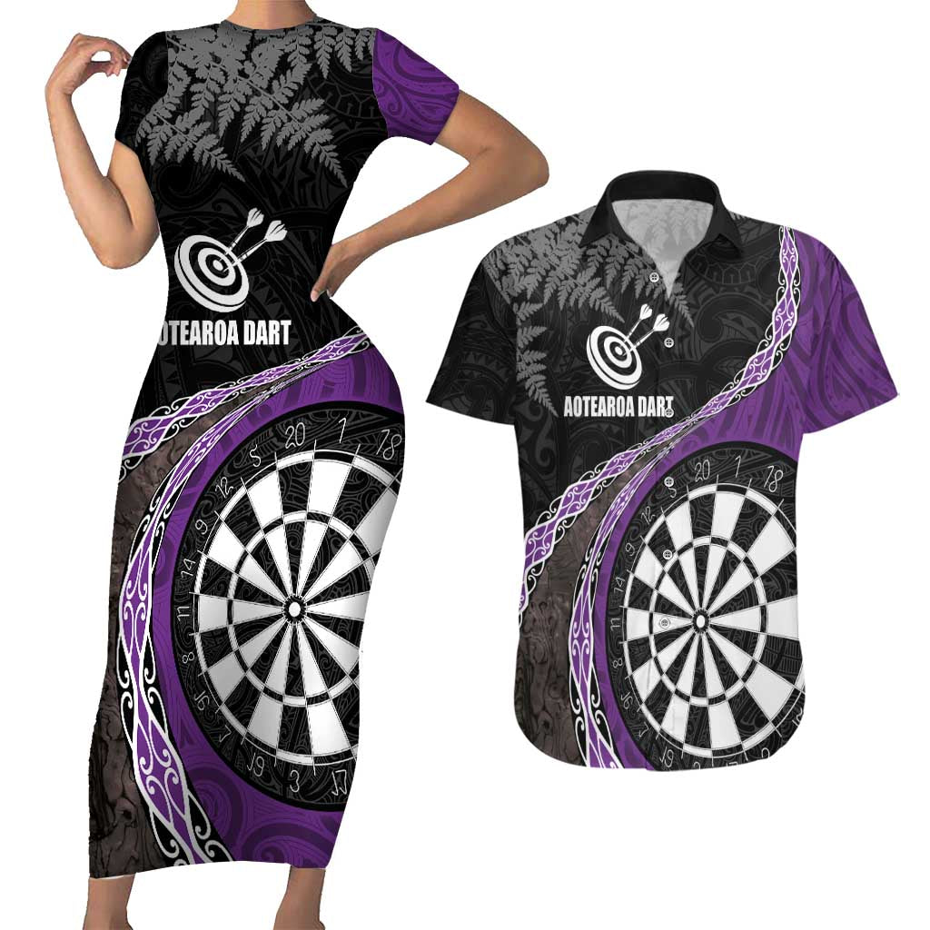 Personalised New Zealand Darts Couples Matching Short Sleeve Bodycon Dress and Hawaiian Shirt Koru Tribal Tattoo and Silver Fern Maori Pattern Purple Color