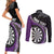 Personalised New Zealand Darts Couples Matching Short Sleeve Bodycon Dress and Long Sleeve Button Shirt Koru Tribal Tattoo and Silver Fern Maori Pattern Purple Color