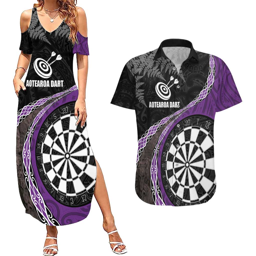 Personalised New Zealand Darts Couples Matching Summer Maxi Dress and Hawaiian Shirt Koru Tribal Tattoo and Silver Fern Maori Pattern Purple Color