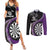 Personalised New Zealand Darts Couples Matching Summer Maxi Dress and Long Sleeve Button Shirt Koru Tribal Tattoo and Silver Fern Maori Pattern Purple Color