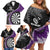 Personalised New Zealand Darts Family Matching Off Shoulder Short Dress and Hawaiian Shirt Koru Tribal Tattoo and Silver Fern Maori Pattern Purple Color