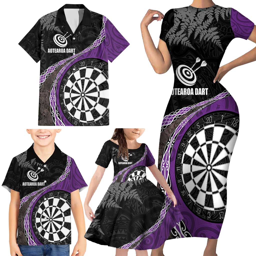 Personalised New Zealand Darts Family Matching Short Sleeve Bodycon Dress and Hawaiian Shirt Koru Tribal Tattoo and Silver Fern Maori Pattern Purple Color