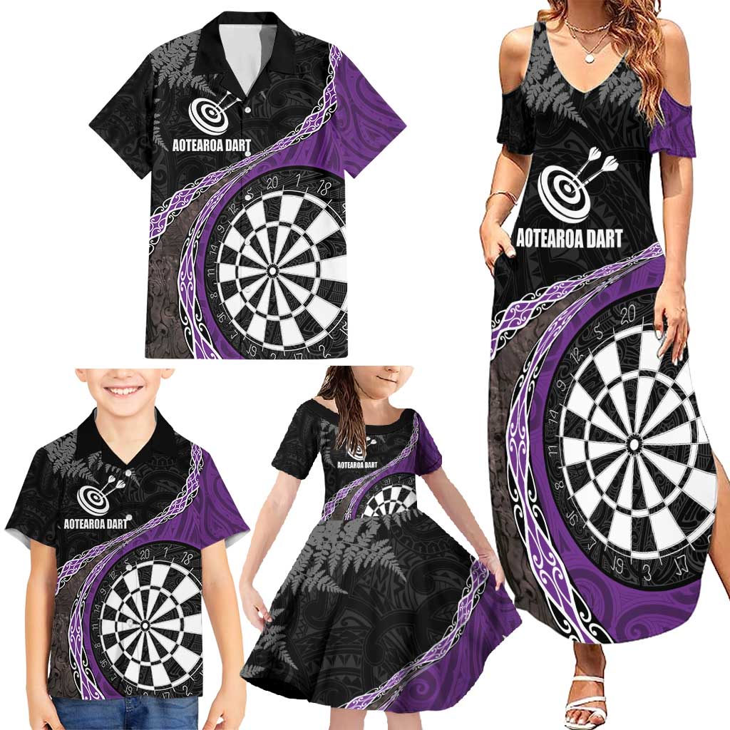 Personalised New Zealand Darts Family Matching Summer Maxi Dress and Hawaiian Shirt Koru Tribal Tattoo and Silver Fern Maori Pattern Purple Color