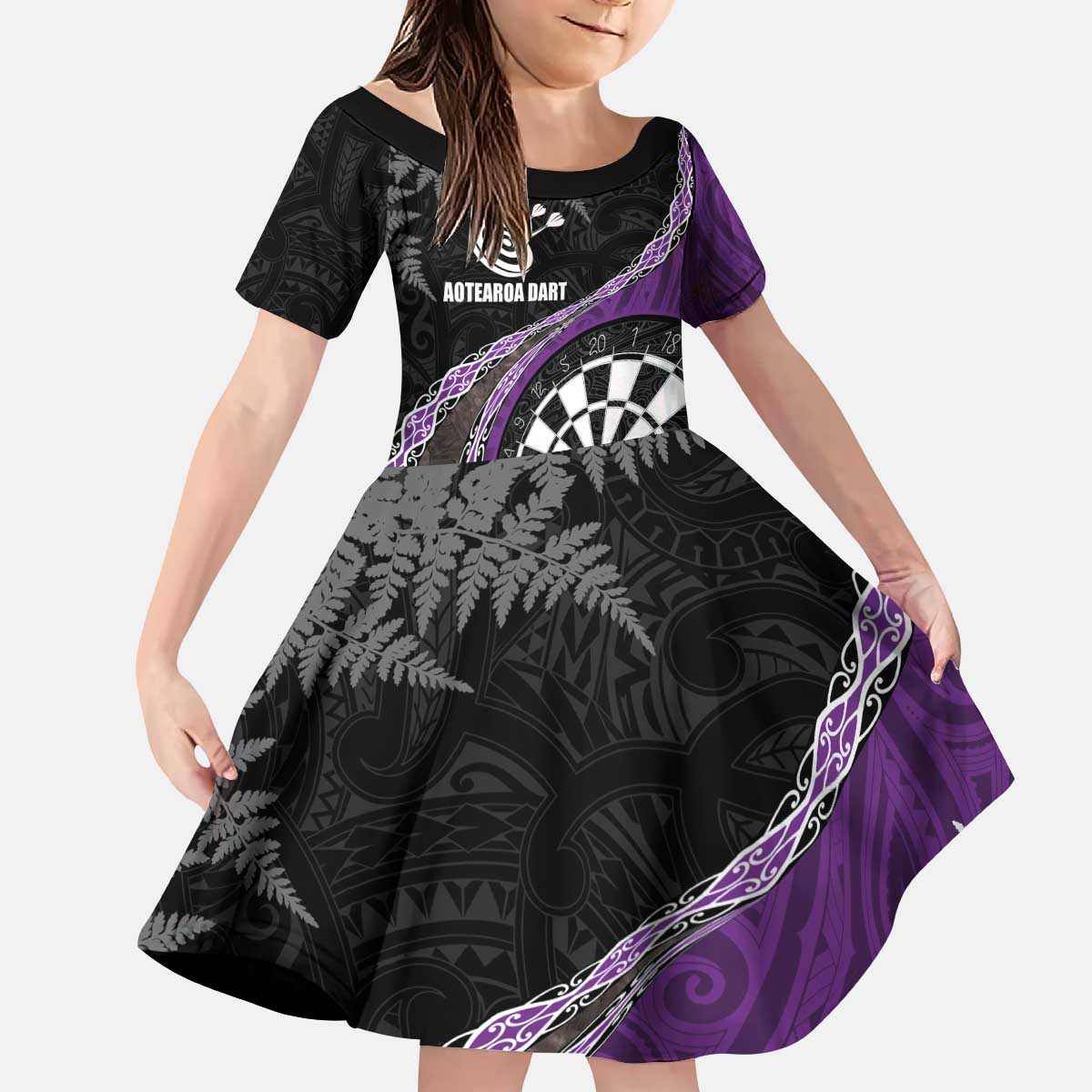 Personalised New Zealand Darts Kid Short Sleeve Dress Koru Tribal Tattoo and Silver Fern Maori Pattern Purple Color