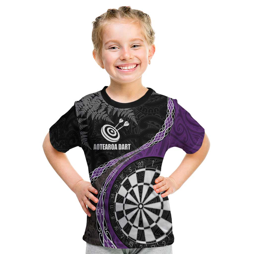 Personalised New Zealand Darts Kid T Shirt Koru Tribal Tattoo and Silver Fern Maori Pattern Purple Color