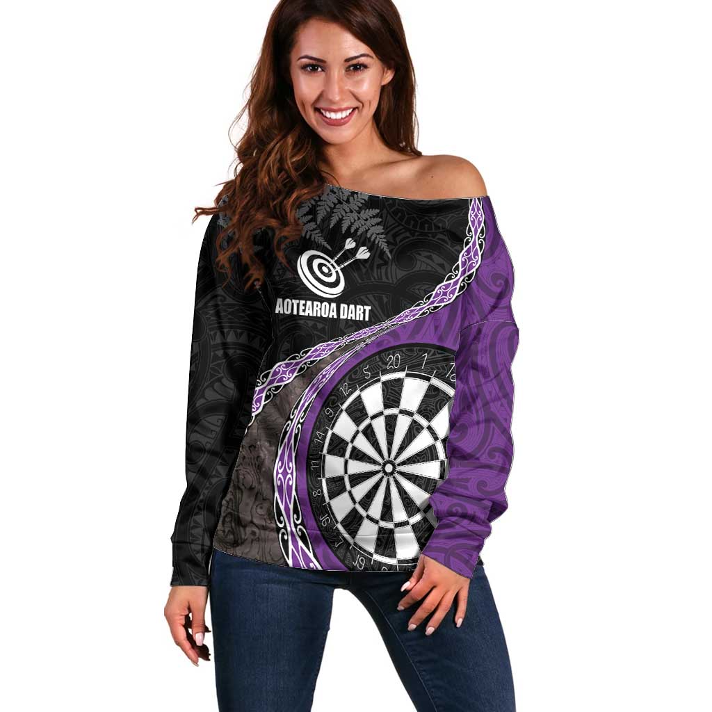 Personalised New Zealand Darts Off Shoulder Sweater Koru Tribal Tattoo and Silver Fern Maori Pattern Purple Color LT03 Women Purple - Polynesian Pride