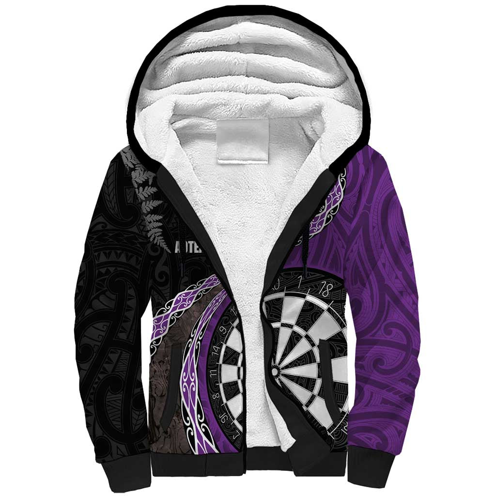 Personalised New Zealand Darts Sherpa Hoodie Koru Tribal Tattoo and Silver Fern Maori Pattern Purple Color