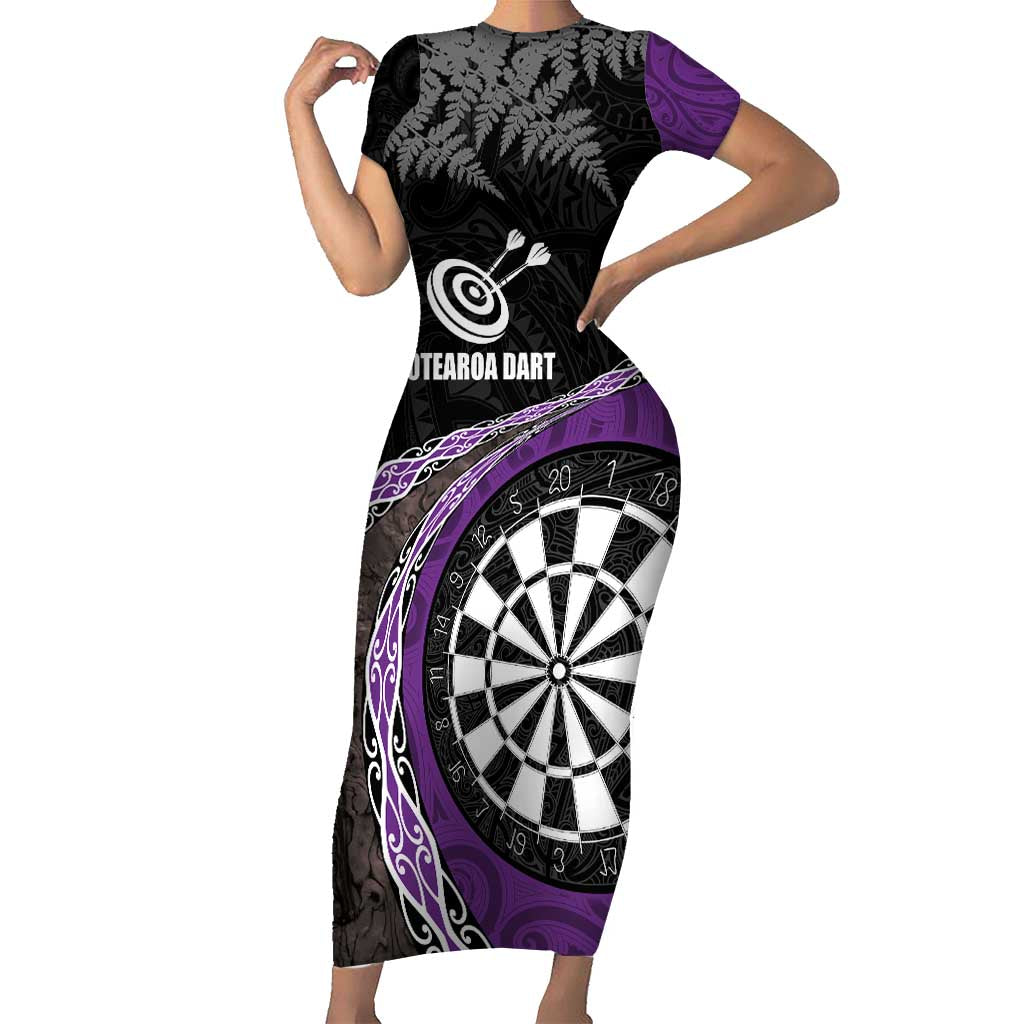 Personalised New Zealand Darts Short Sleeve Bodycon Dress Koru Tribal Tattoo and Silver Fern Maori Pattern Purple Color