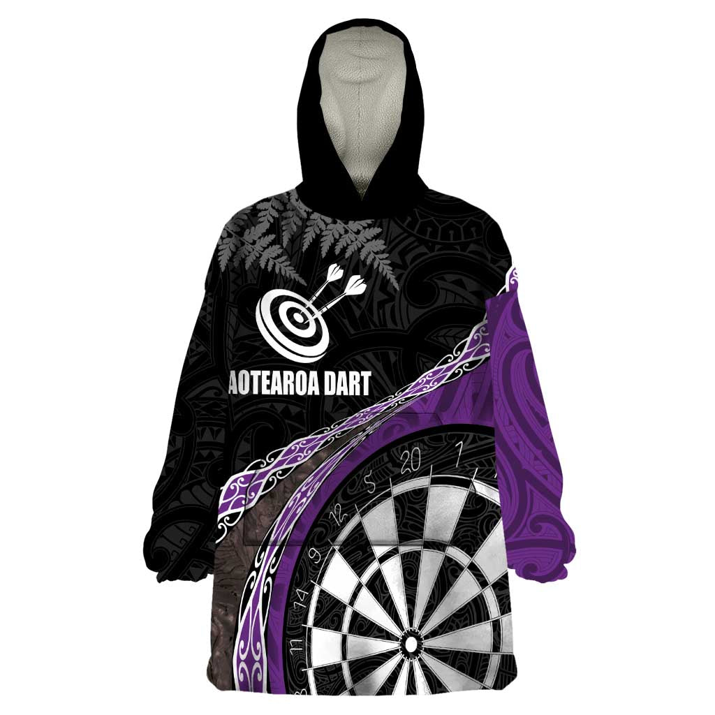 Personalised New Zealand Darts Wearable Blanket Hoodie Koru Tribal Tattoo and Silver Fern Maori Pattern Purple Color