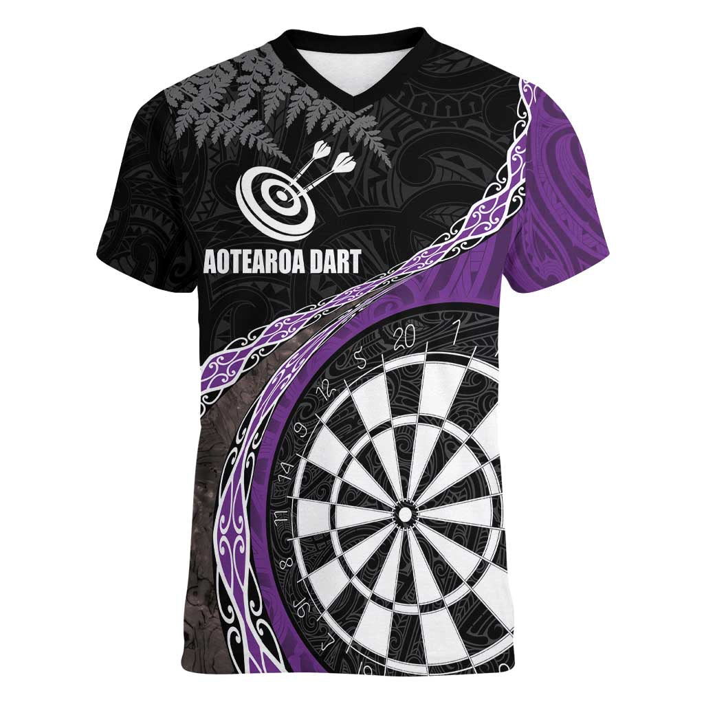 Personalised New Zealand Darts Women V-Neck T-Shirt Koru Tribal Tattoo and Silver Fern Maori Pattern Purple Color