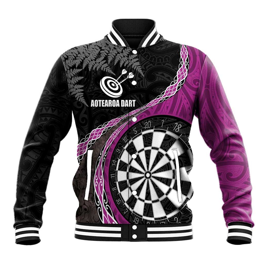 Personalised New Zealand Darts Baseball Jacket Koru Tribal Tattoo and Silver Fern Maori Pattern Pink Color