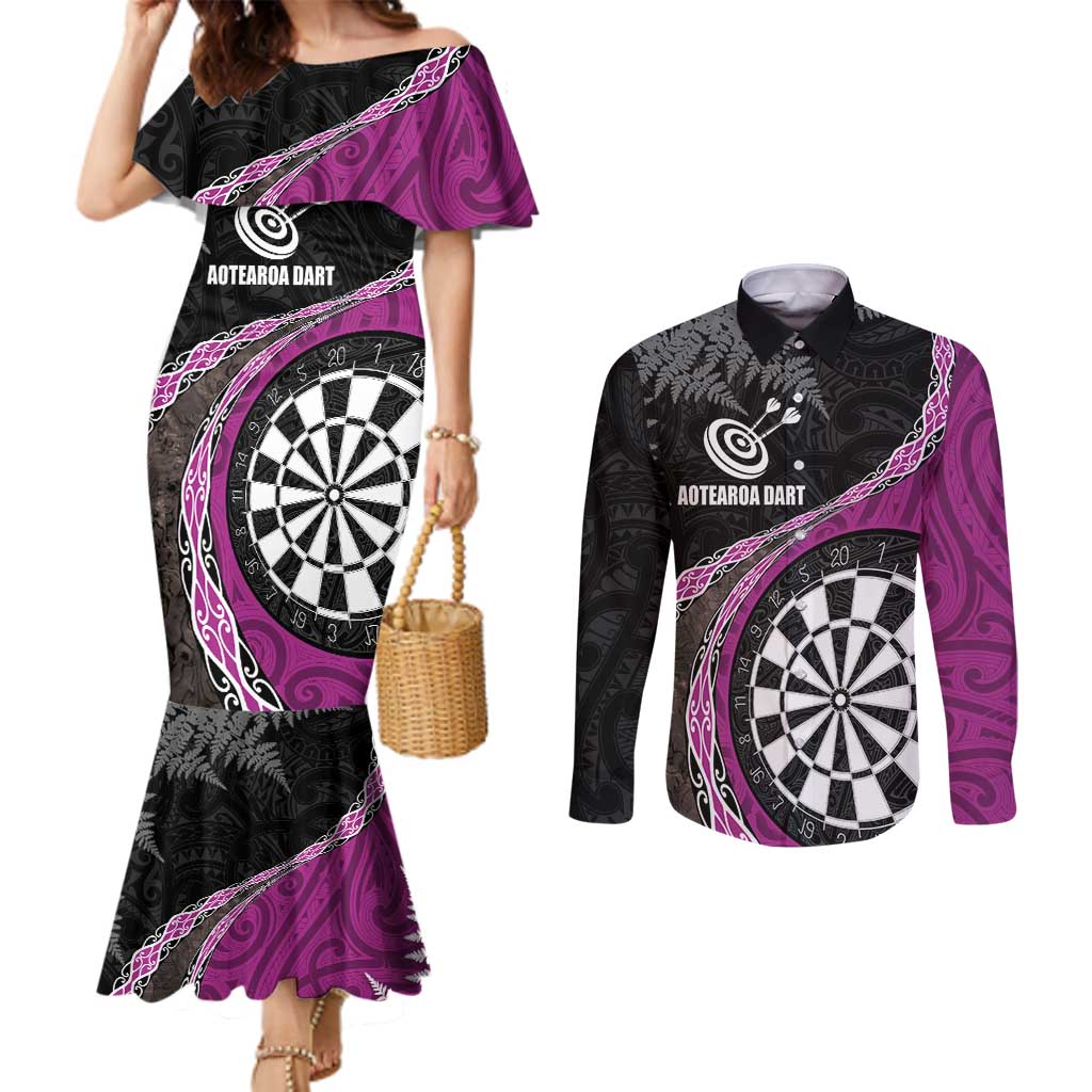 Personalised New Zealand Darts Couples Matching Mermaid Dress and Long Sleeve Button Shirt Koru Tribal Tattoo and Silver Fern Maori Pattern Pink Color