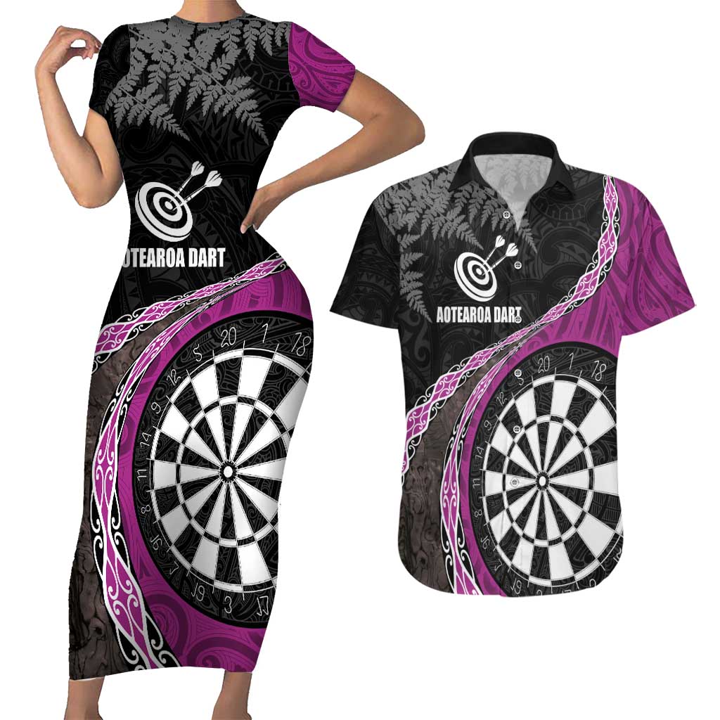 Personalised New Zealand Darts Couples Matching Short Sleeve Bodycon Dress and Hawaiian Shirt Koru Tribal Tattoo and Silver Fern Maori Pattern Pink Color