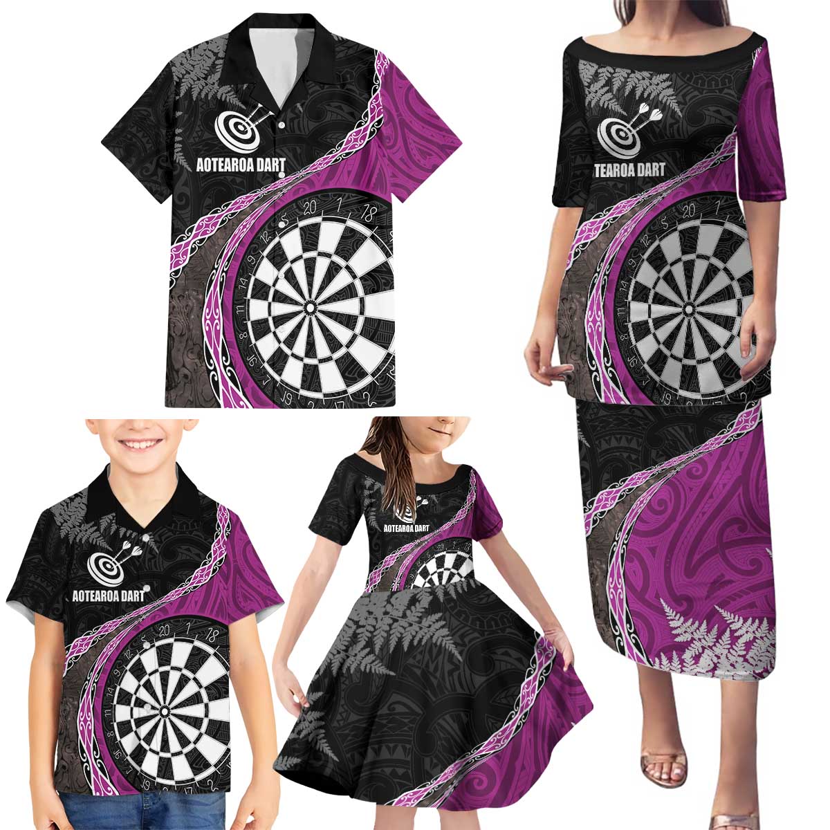 Personalised New Zealand Darts Family Matching Puletasi and Hawaiian Shirt Koru Tribal Tattoo and Silver Fern Maori Pattern Pink Color