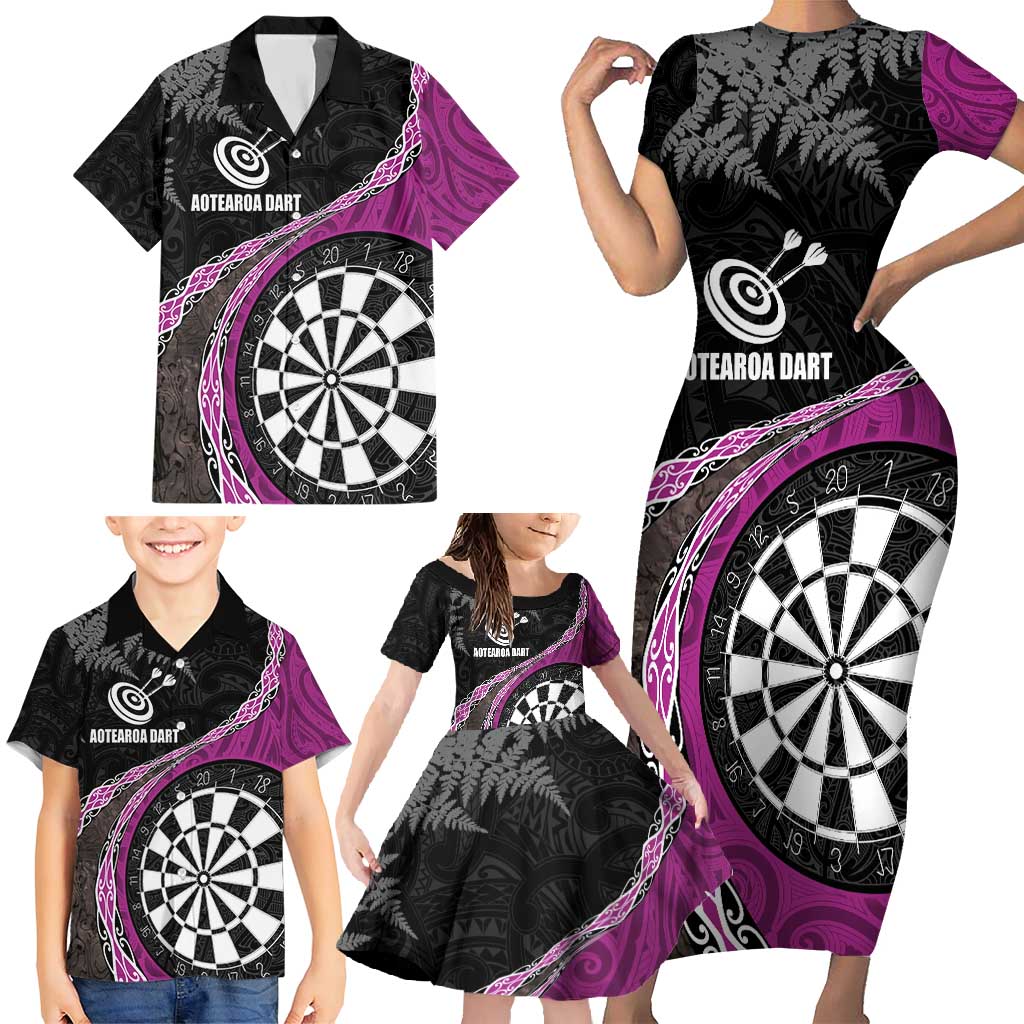 Personalised New Zealand Darts Family Matching Short Sleeve Bodycon Dress and Hawaiian Shirt Koru Tribal Tattoo and Silver Fern Maori Pattern Pink Color