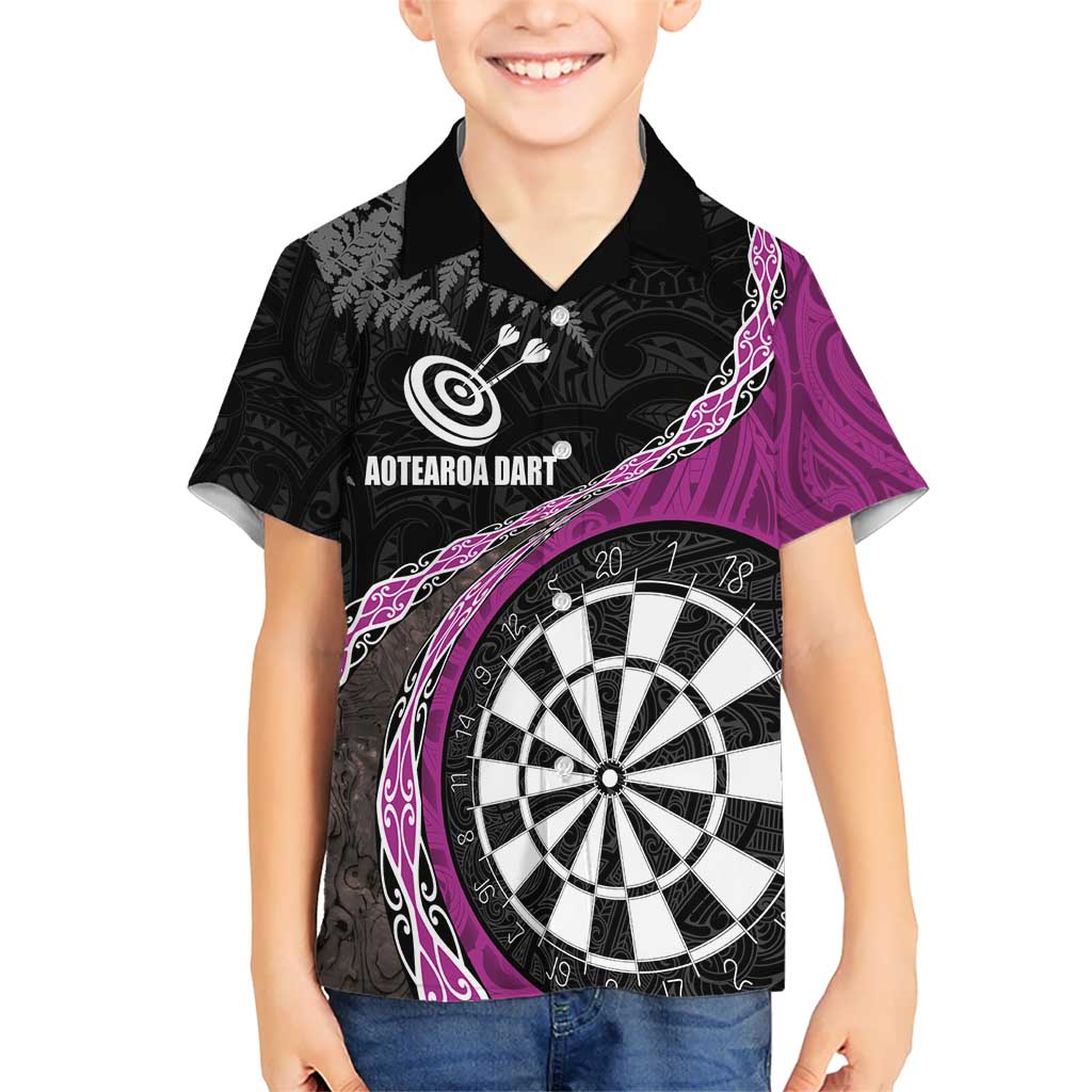 Personalised New Zealand Darts Kid Hawaiian Shirt Koru Tribal Tattoo and Silver Fern Maori Pattern Pink Color