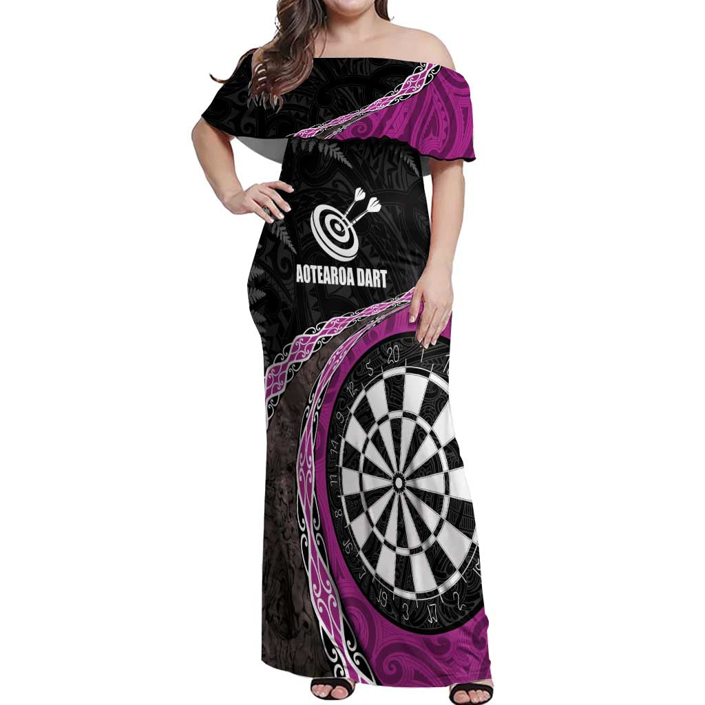 Personalised New Zealand Darts Off Shoulder Maxi Dress Koru Tribal Tattoo and Silver Fern Maori Pattern Pink Color