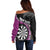 Personalised New Zealand Darts Off Shoulder Sweater Koru Tribal Tattoo and Silver Fern Maori Pattern Pink Color