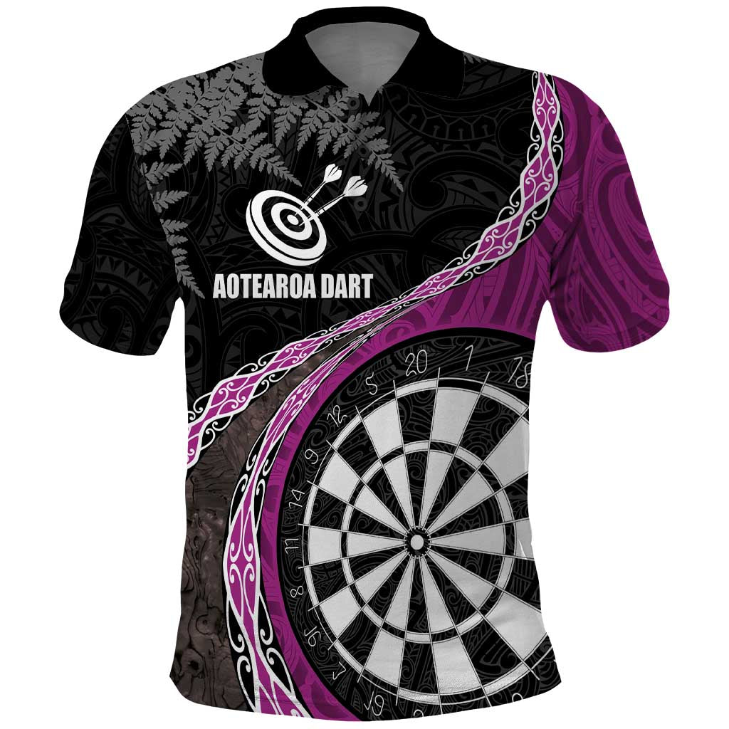 Personalised New Zealand Darts Polo Shirt Koru Tribal Tattoo and Silver Fern Maori Pattern Pink Color