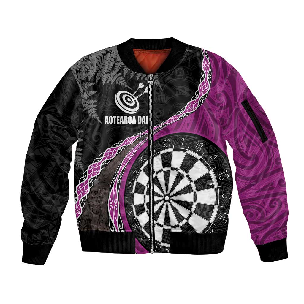 Personalised New Zealand Darts Sleeve Zip Bomber Jacket Koru Tribal Tattoo and Silver Fern Maori Pattern Pink Color