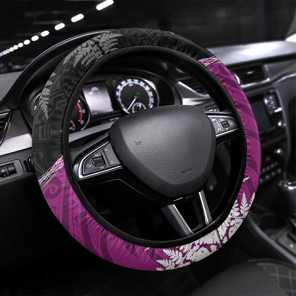 New Zealand Darts Steering Wheel Cover Koru Tribal Tattoo and Silver Fern Maori Pattern Pink Color