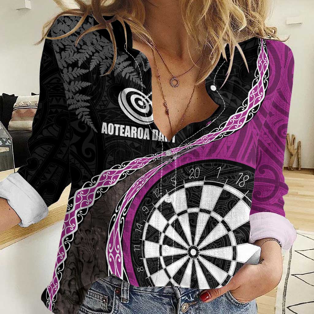 Personalised New Zealand Darts Women Casual Shirt Koru Tribal Tattoo and Silver Fern Maori Pattern Pink Color