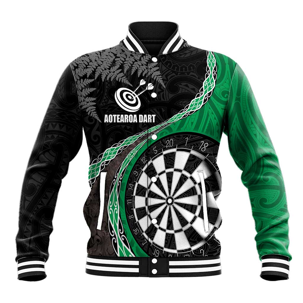 Personalised New Zealand Darts Baseball Jacket Koru Tribal Tattoo and Silver Fern Maori Pattern Green Color