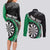 Personalised New Zealand Darts Couples Matching Long Sleeve Bodycon Dress and Long Sleeve Button Shirt Koru Tribal Tattoo and Silver Fern Maori Pattern Green Color