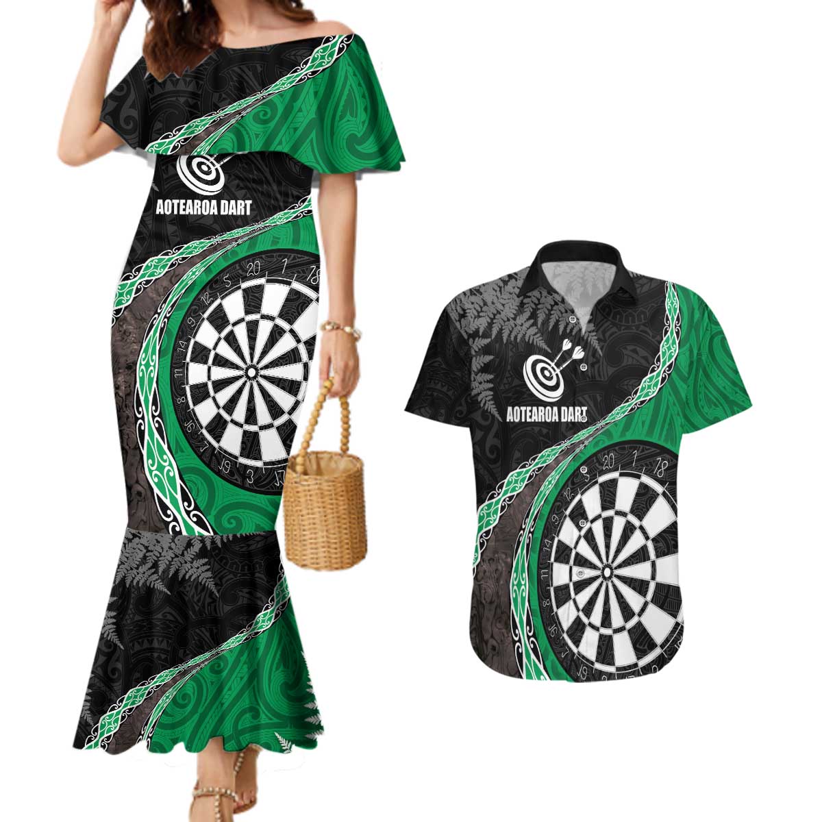 Personalised New Zealand Darts Couples Matching Mermaid Dress and Hawaiian Shirt Koru Tribal Tattoo and Silver Fern Maori Pattern Green Color