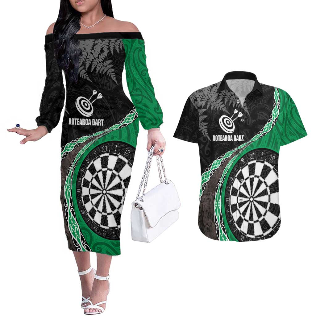 Personalised New Zealand Darts Couples Matching Off The Shoulder Long Sleeve Dress and Hawaiian Shirt Koru Tribal Tattoo and Silver Fern Maori Pattern Green Color