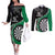 Personalised New Zealand Darts Couples Matching Off The Shoulder Long Sleeve Dress and Long Sleeve Button Shirt Koru Tribal Tattoo and Silver Fern Maori Pattern Green Color