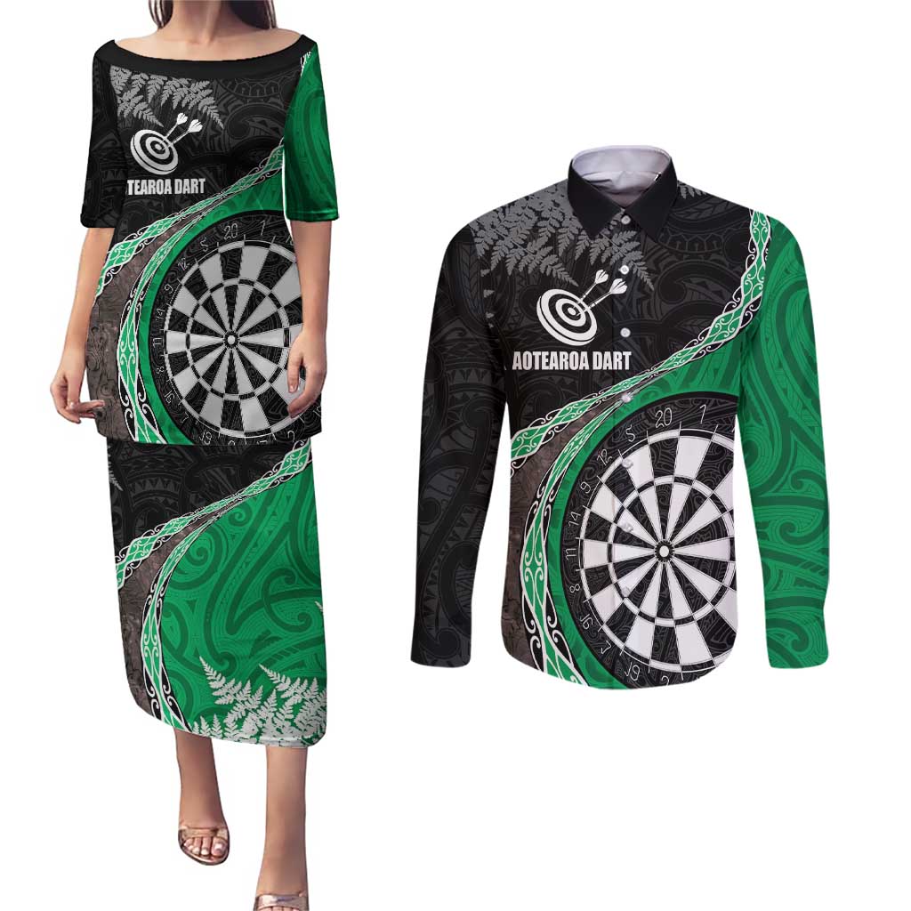 Personalised New Zealand Darts Couples Matching Puletasi and Long Sleeve Button Shirt Koru Tribal Tattoo and Silver Fern Maori Pattern Green Color