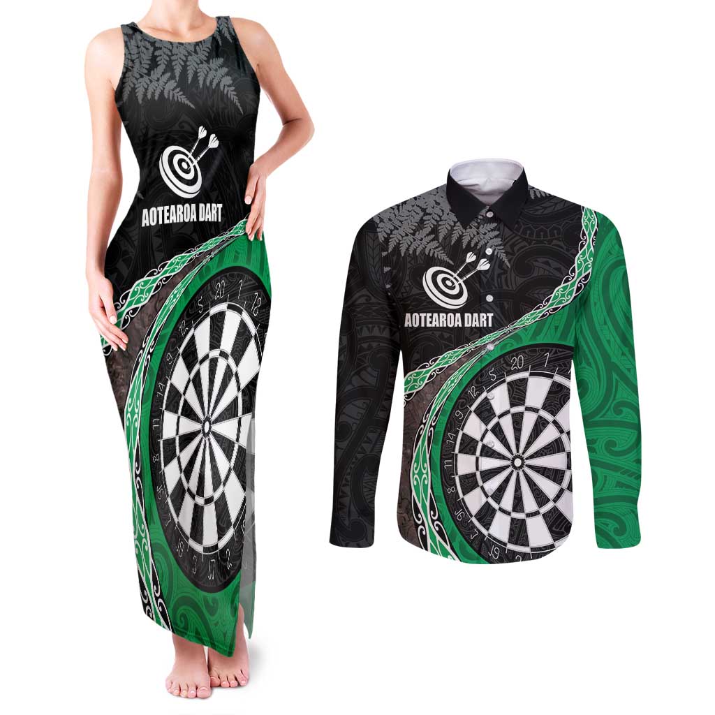 Personalised New Zealand Darts Couples Matching Tank Maxi Dress and Long Sleeve Button Shirt Koru Tribal Tattoo and Silver Fern Maori Pattern Green Color