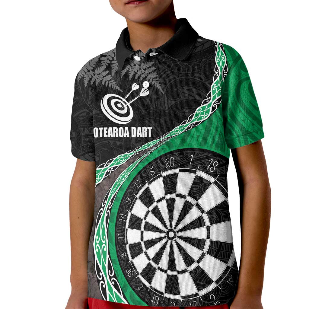 Personalised New Zealand Darts Kid Polo Shirt Koru Tribal Tattoo and Silver Fern Maori Pattern Green Color