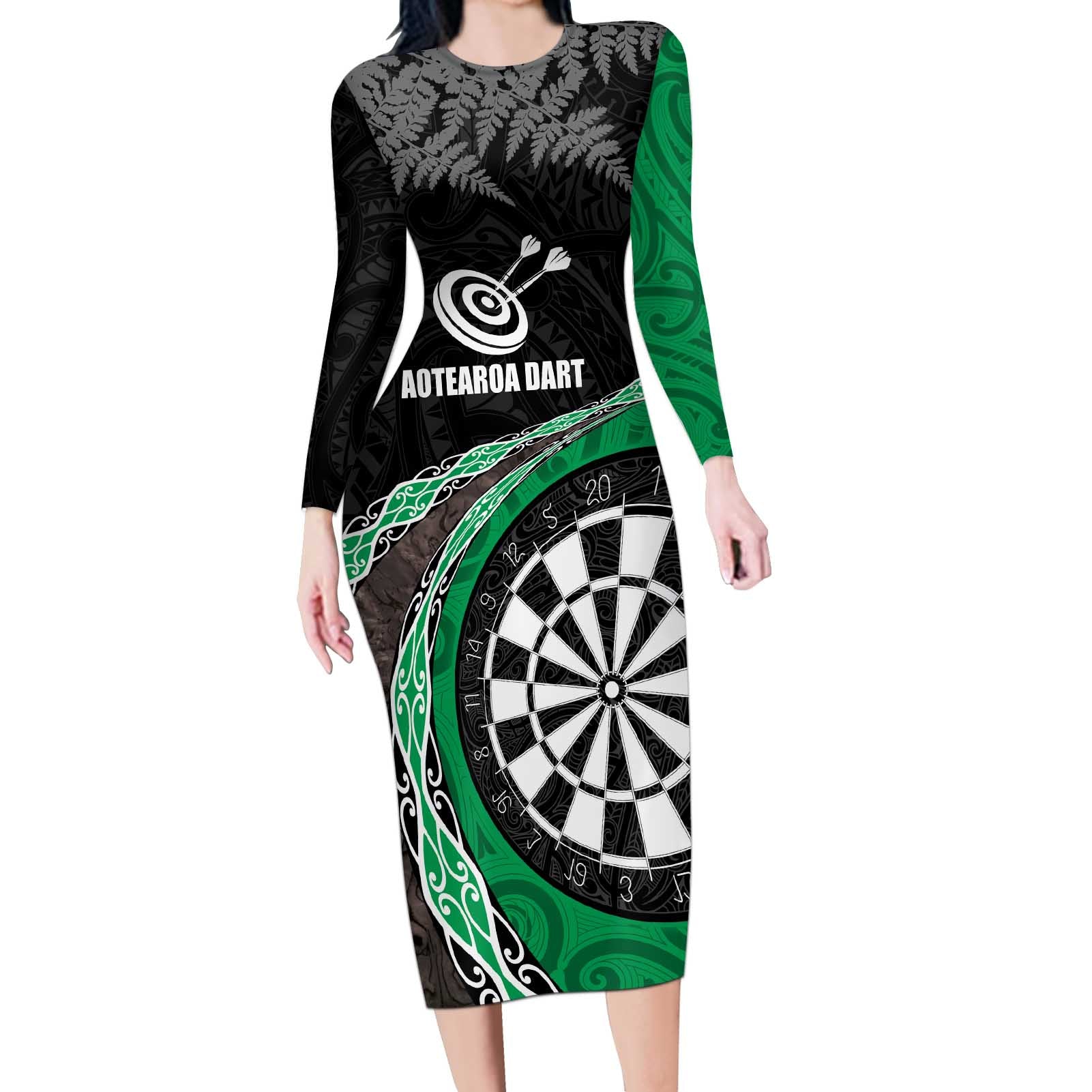 Personalised New Zealand Darts Long Sleeve Bodycon Dress Koru Tribal Tattoo and Silver Fern Maori Pattern Green Color