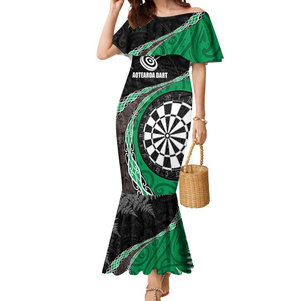 Personalised New Zealand Darts Mermaid Dress Koru Tribal Tattoo and Silver Fern Maori Pattern Green Color