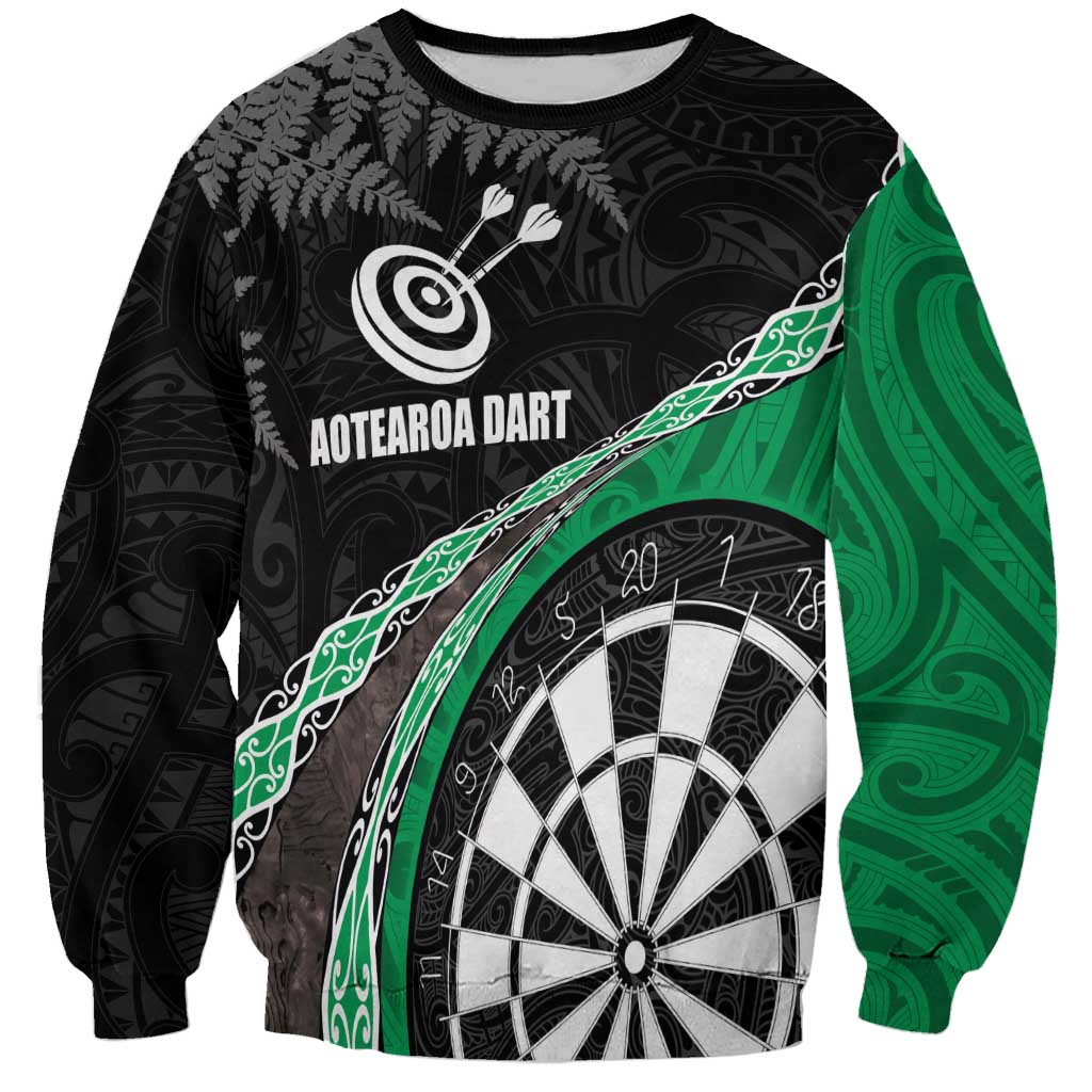 Personalised New Zealand Darts Sweatshirt Koru Tribal Tattoo and Silver Fern Maori Pattern Green Color