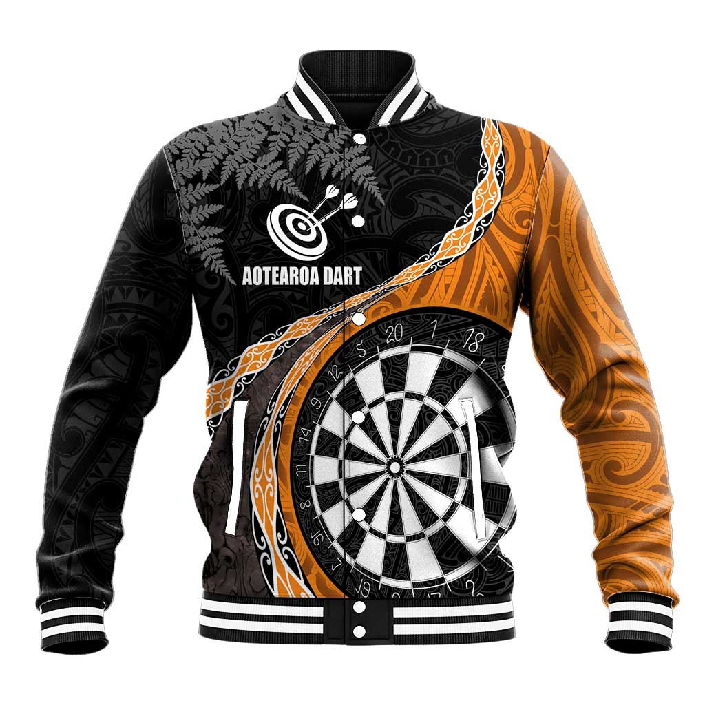 Personalised New Zealand Darts Baseball Jacket Koru Tribal Tattoo and Silver Fern Maori Pattern Orange Color LT03 Unisex Orange - Polynesian Pride