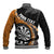 Personalised New Zealand Darts Baseball Jacket Koru Tribal Tattoo and Silver Fern Maori Pattern Orange Color