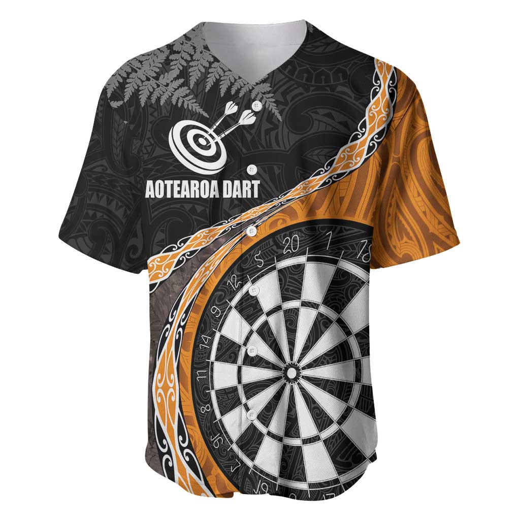 Personalised New Zealand Darts Baseball Jersey Koru Tribal Tattoo and Silver Fern Maori Pattern Orange Color