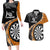 Personalised New Zealand Darts Couples Matching Long Sleeve Bodycon Dress and Hawaiian Shirt Koru Tribal Tattoo and Silver Fern Maori Pattern Orange Color