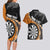 Personalised New Zealand Darts Couples Matching Long Sleeve Bodycon Dress and Hawaiian Shirt Koru Tribal Tattoo and Silver Fern Maori Pattern Orange Color