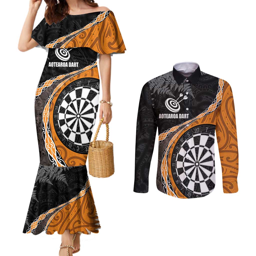 Personalised New Zealand Darts Couples Matching Mermaid Dress and Long Sleeve Button Shirt Koru Tribal Tattoo and Silver Fern Maori Pattern Orange Color