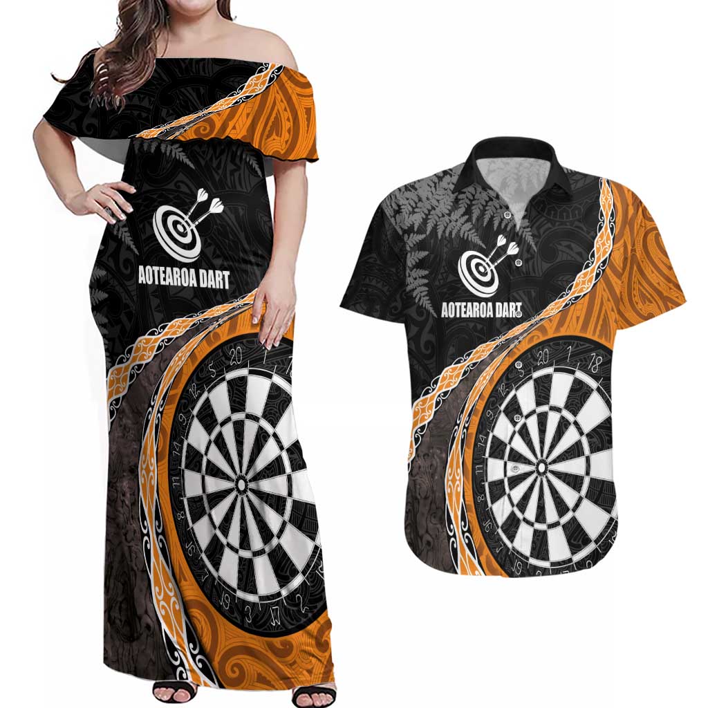 Personalised New Zealand Darts Couples Matching Off Shoulder Maxi Dress and Hawaiian Shirt Koru Tribal Tattoo and Silver Fern Maori Pattern Orange Color