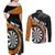 Personalised New Zealand Darts Couples Matching Off Shoulder Maxi Dress and Long Sleeve Button Shirt Koru Tribal Tattoo and Silver Fern Maori Pattern Orange Color