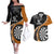 Personalised New Zealand Darts Couples Matching Off The Shoulder Long Sleeve Dress and Hawaiian Shirt Koru Tribal Tattoo and Silver Fern Maori Pattern Orange Color