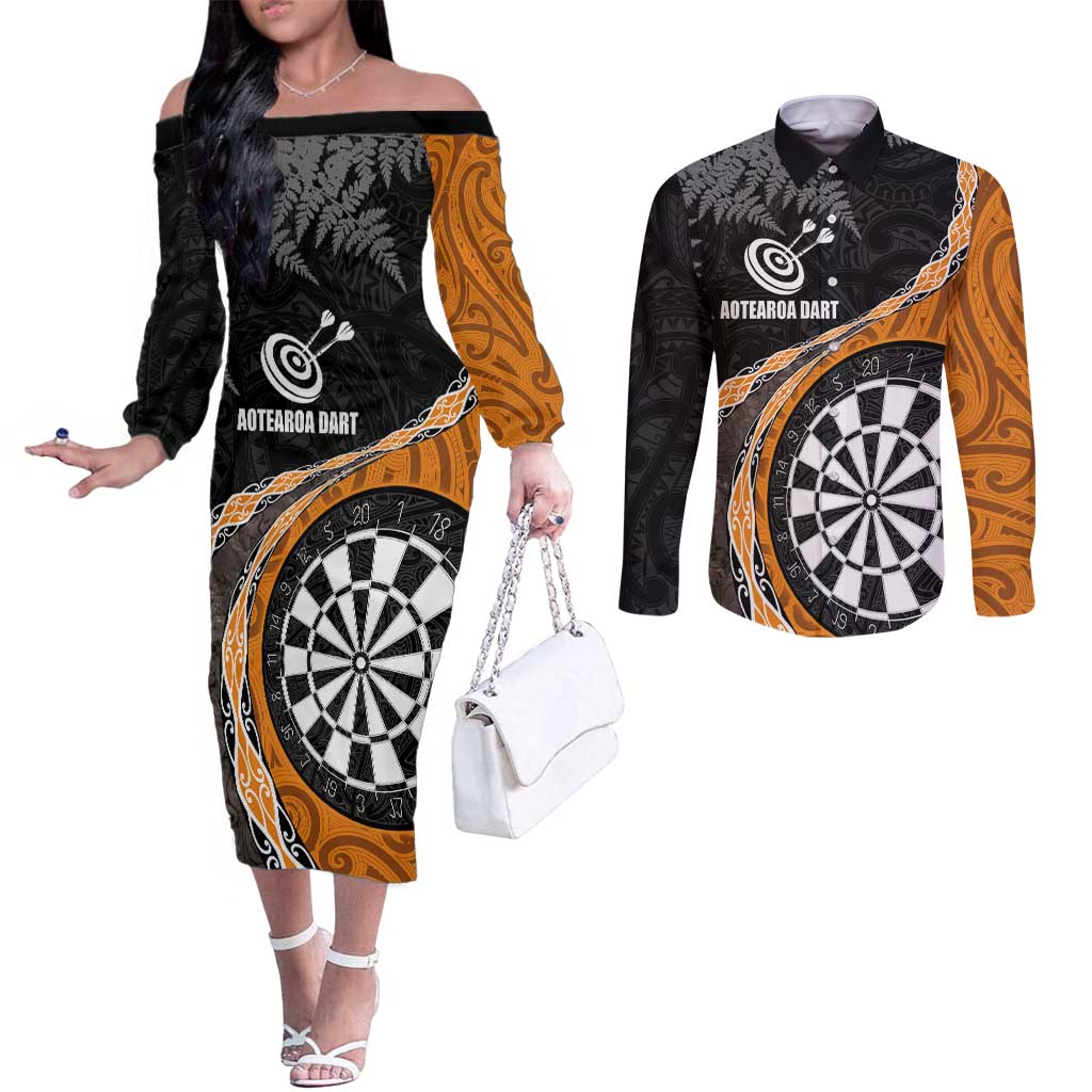 Personalised New Zealand Darts Couples Matching Off The Shoulder Long Sleeve Dress and Long Sleeve Button Shirt Koru Tribal Tattoo and Silver Fern Maori Pattern Orange Color