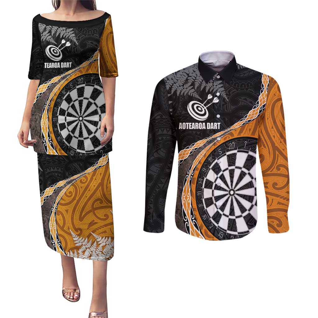 Personalised New Zealand Darts Couples Matching Puletasi and Long Sleeve Button Shirt Koru Tribal Tattoo and Silver Fern Maori Pattern Orange Color